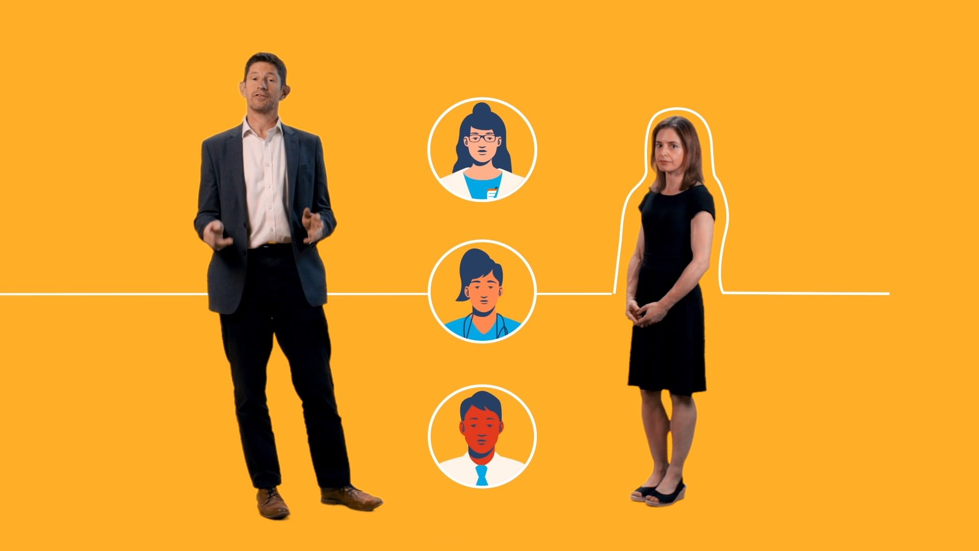 Professor Tom Foltynie and Katy O'Malley stand on an orange background with illustrations of scientists and researchers in the centre.